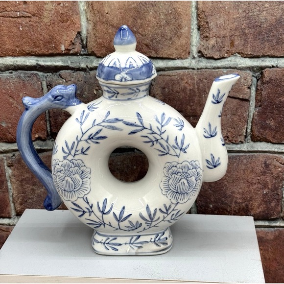 The Unbranded Brand Other - Vtg Chinoiserie Donut Hole Porcelain Tea Pot Blue White Asain Dolphin Handle